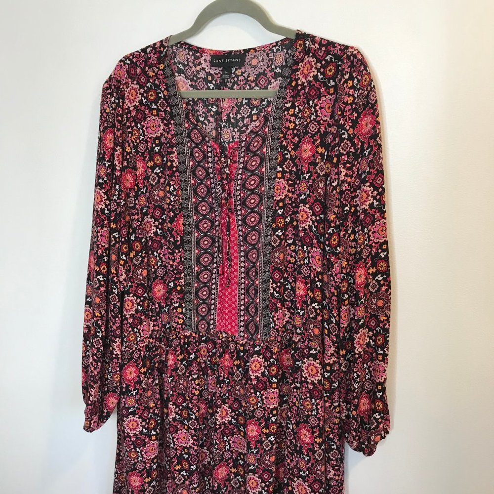 Lane Bryant Plus 26 / 3X Black Pink Boho Floral Maxi Dress Balloon Sleeves - Picture 2 of 10